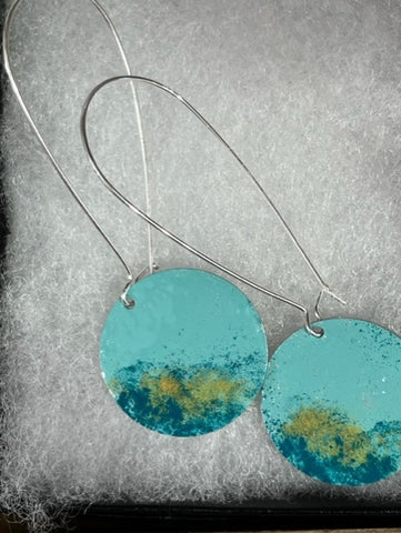 Handmade Cornish enamelled circle distressed earrings aqua