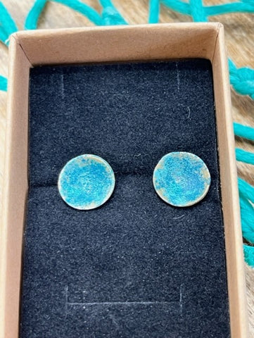 Handmade Cornish sterling silver studs with blue & gold detailing