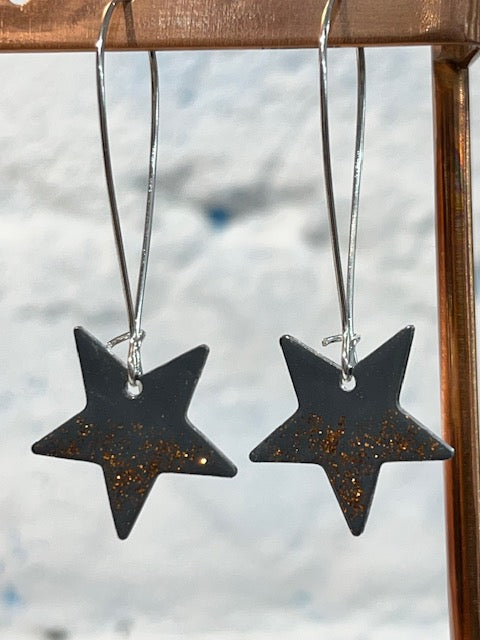 Handmade Cornish dark grey with copper glitter enamelled star earrings