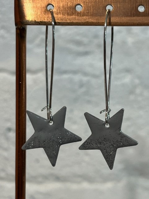 Handmade Cornish pale grey with silver glitter enamelled star earrings