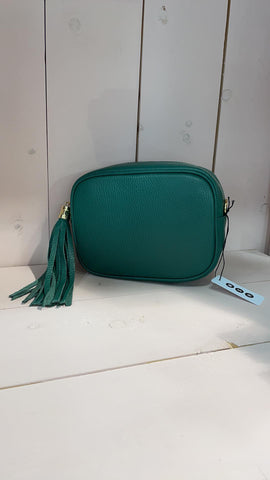 Italian leather camera bag emerald colour.