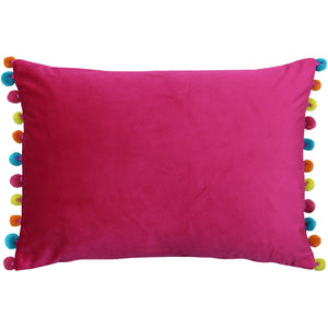 Hot Pink Velvet Rectangle Cushion with multi coloured Pom Poms