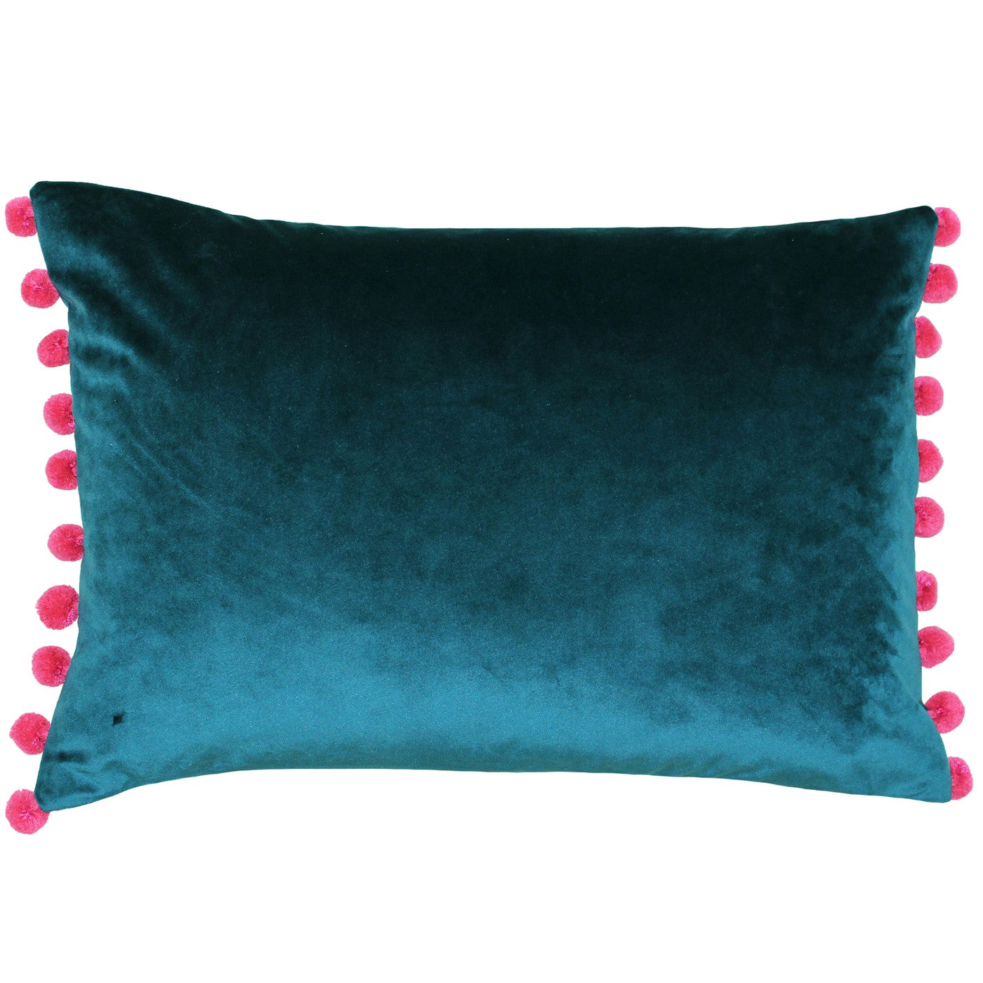Teal Velvet Rectangle Cushion with Berry coloured Pom Poms