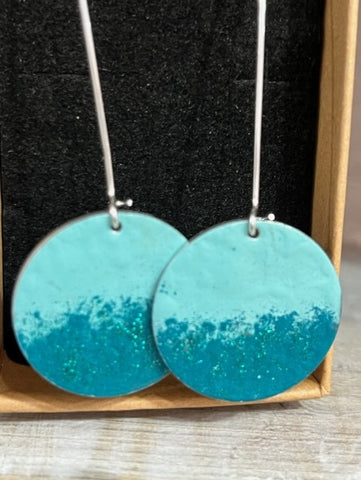 Handmade Cornish enamelled circle distressed earrings aqua glitter