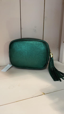 Italian leather camera bag metalllic green colour.