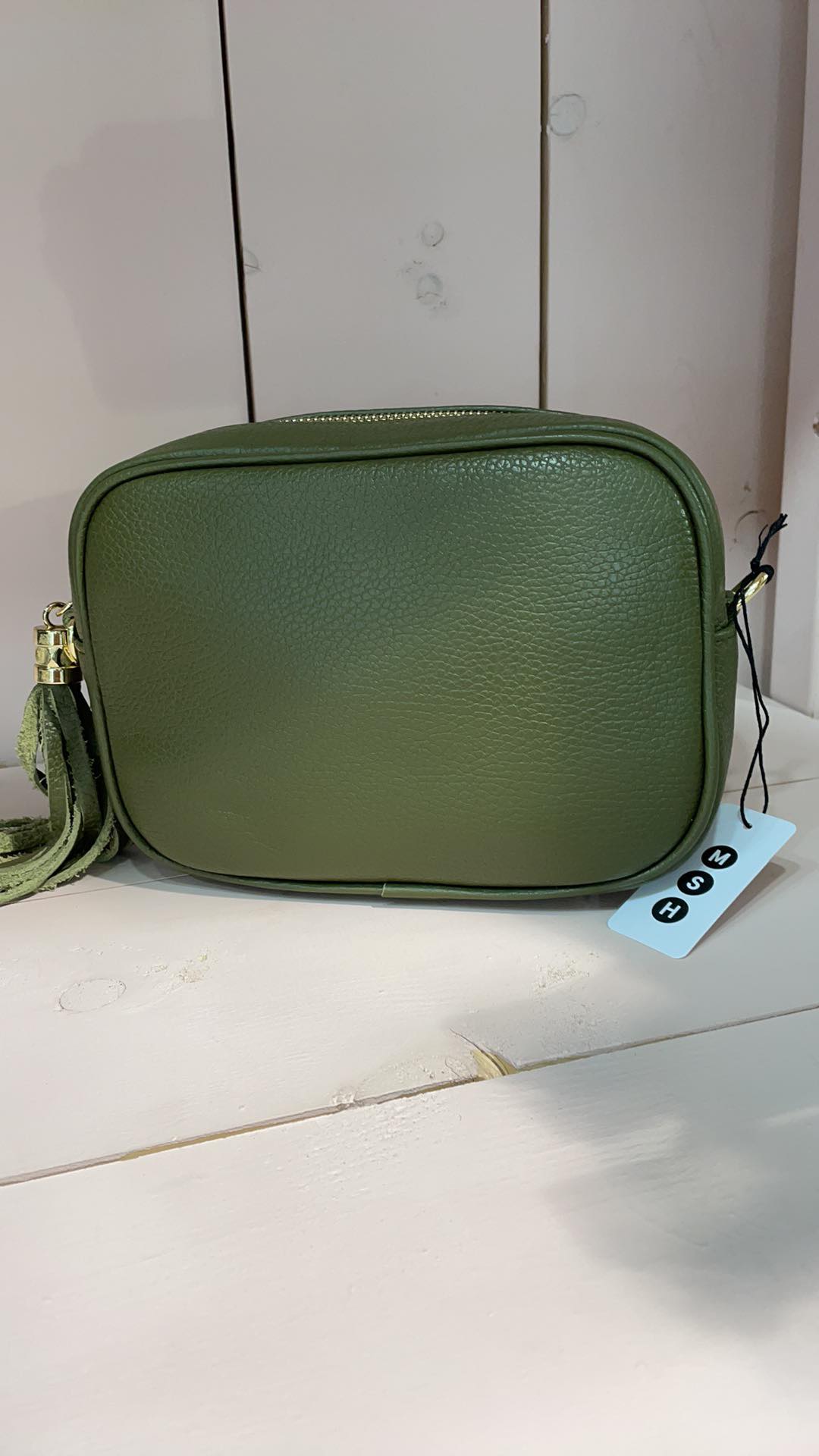 Italian leather camera bag khaki green.