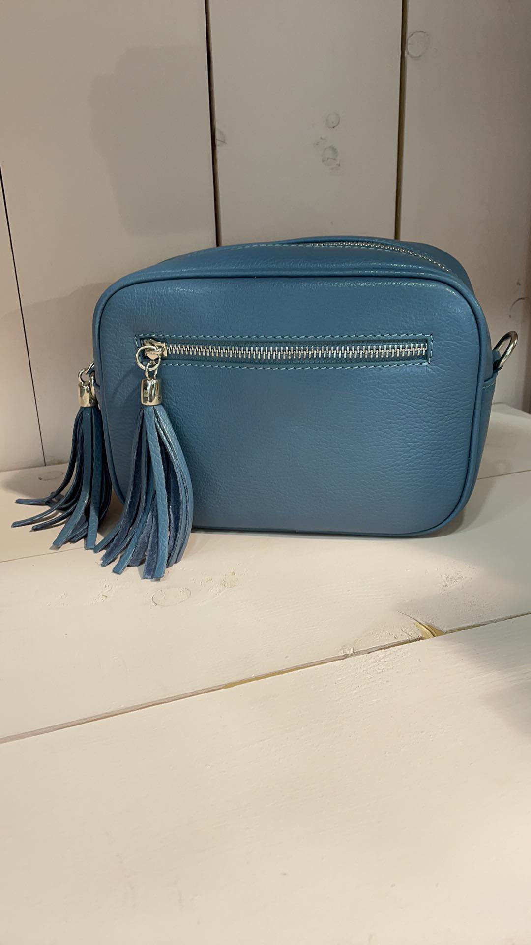 Italian leather camera bag mid blue.
