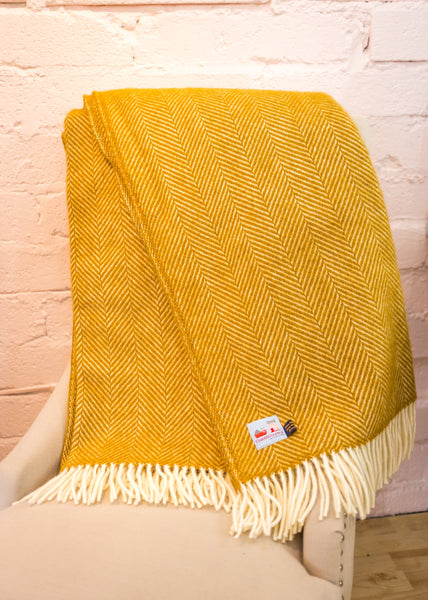 Tweedmill Mustard Fishbone Wool Blanket Throw