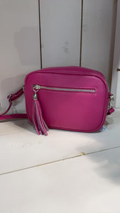 Italian leather camera bag bright pink.