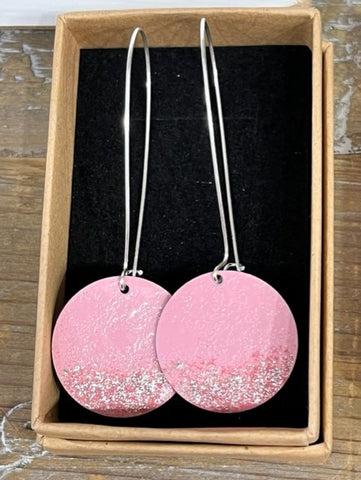Handmade Cornish enamelled circle distressed earrings powder pink
