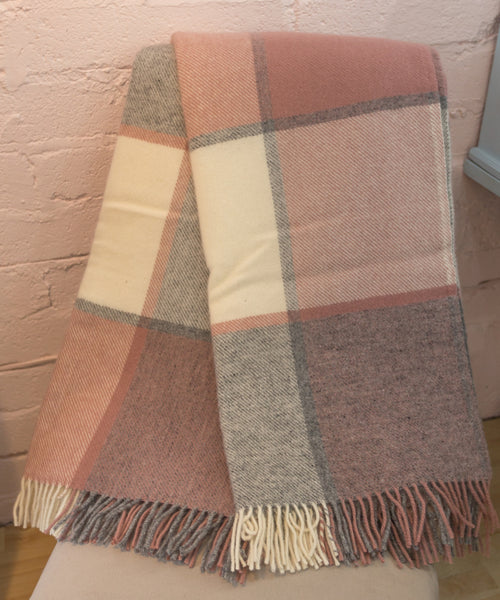 Tweedmill Rose Pink and Grey Block Check Wool Blanket Throw