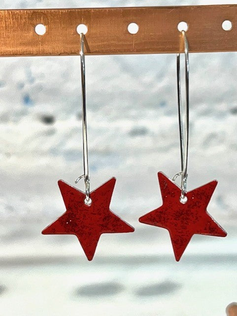 Handmade Cornish red with red glitter enamelled star earrings