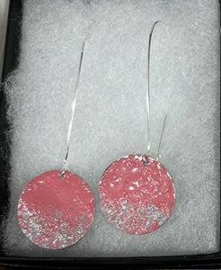 Handmade Cornish enamelled circle distressed earrings rose pink
