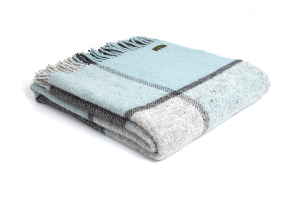Brand new Tweedmill Block check new duck egg and grey wool throw blanket