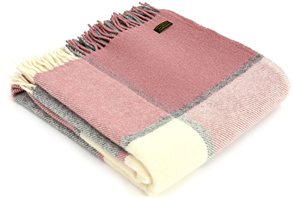 Tweedmill Rose Pink and Grey Block Check Wool Blanket Throw