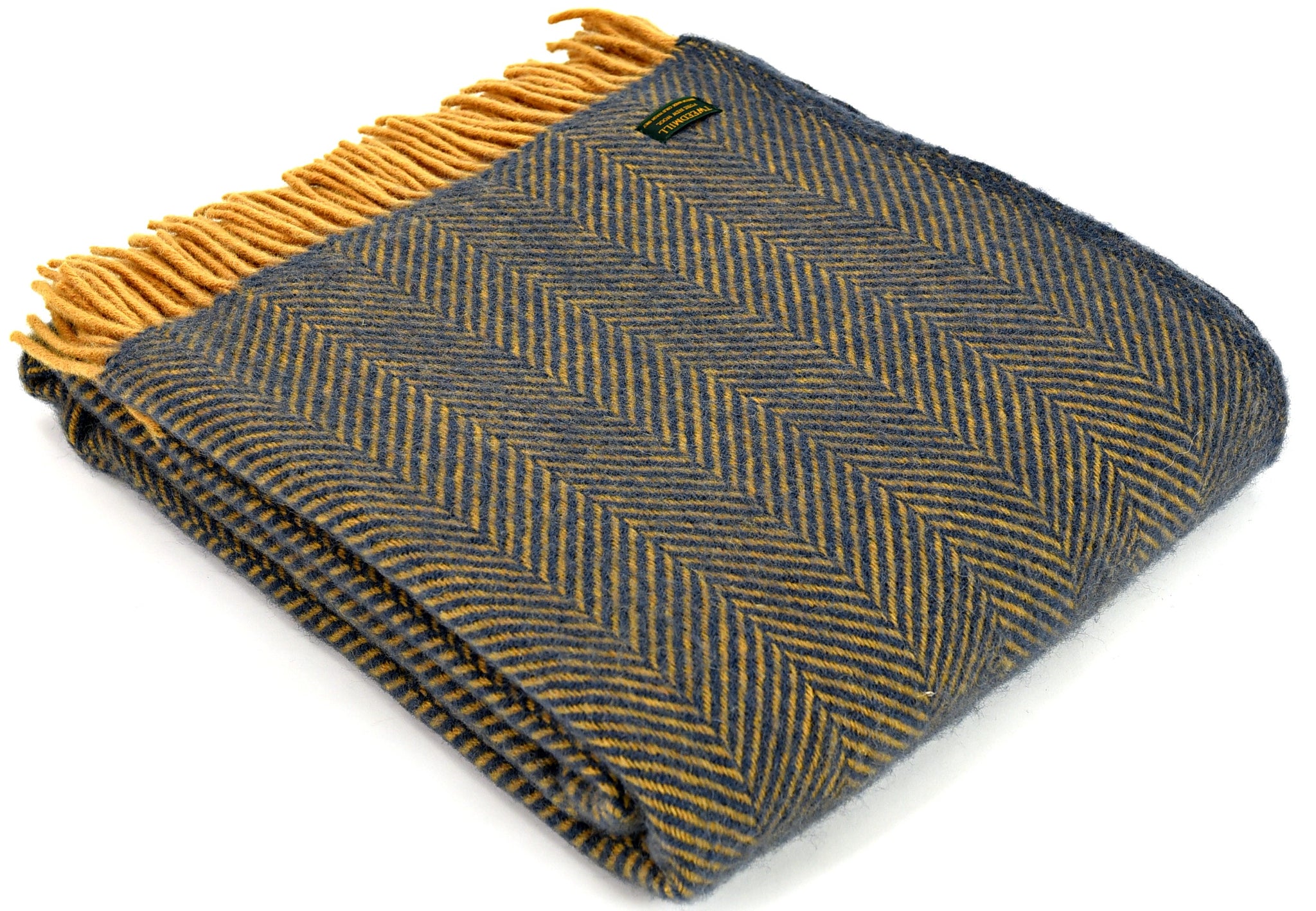 Tweedmill Navy and Mustard Herringbone Wool Blanket Throw