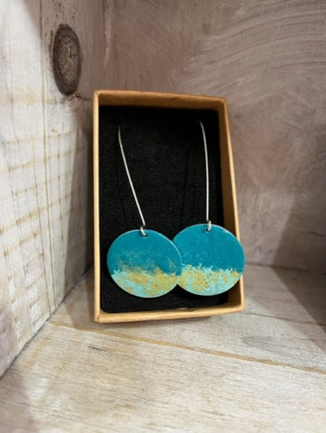 Handmade Cornish enamelled circle distressed earrings teal and aqua