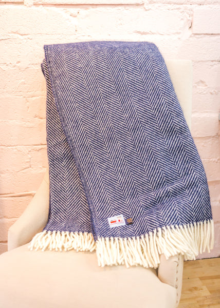 Tweedmill Navy Fishbone Wool Blanket Throw